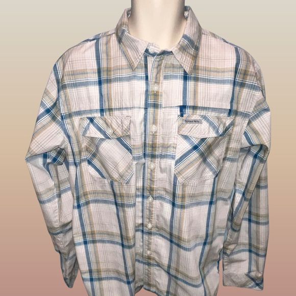 Simms Guide Series Plaid Fishing Button Up
Tan Blue and White Size Large - Picture 2 of 6